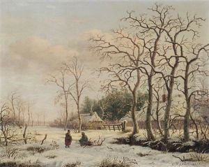 Faggot Gatherers In A Winter Landscape by Gerrit Hendrik Gobell