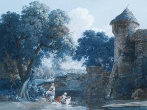 Washerwomen At A Stream Before A Chateau, Within A Painted Border by Louis, Baron Bacler D Albe