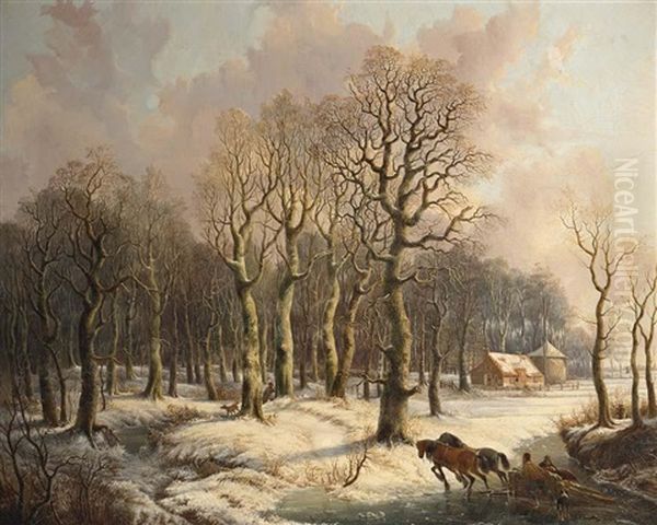 Wood Gatherers With A Horse Drawn Sleigh And A Hunter In A Wintry Forest - view 1