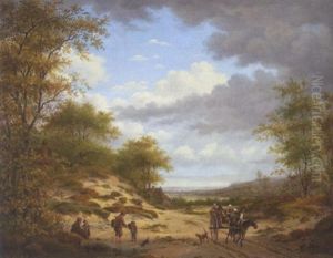 Hollandische Dunenlandschaft Mit Pferdekarren Und Spielenden Kindern by Gerrit Hendrik Gobell