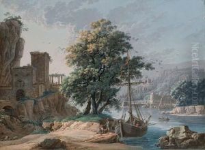 Un Bateau Amarre Sur Le Rivage Pres D'un Arbre, Des Bateaux Et Un Village I L'arriere-plan Un Bateau Amarre Sur Le Rivage Pres D'un Arbre, Des Bateaux Et Un Village I L'arriere-plan