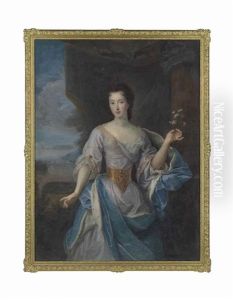 Portrait Of A Lady, Three-quarter-length, In A Blue Dress And An Ermine-lined Blue Cloak, A Villa Beyond