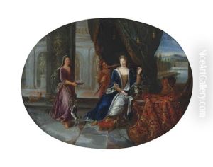 A Lady In A Classical Interior, With Servants In Oriental Dress And A Monkey, A Squirrel, A Parrot And Dogs, A Mountain Overlooking A Classical Courtyard Beyond by Pierre Gobert
