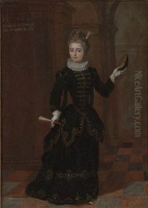 A Portrait Of An Elegant Lady On Her Way To A Ball, Small Full Length, Holding A Mask And Fan, Traditionally Identified As The Marchioness D"espinouse by Pierre Gobert