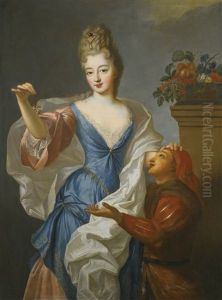 Portrait Of A Lady With Her Jester, Three-quarter Length, Wearing A Blue Dress And Holding A Sprig Of Red Berries