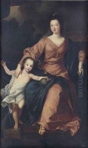 Portrait Of Francoise Marie De Bourbon, Duchess Of Orleans (1677-1749), Full-length, Seated In An Red Dress And Blue Robe by Pierre Gobert