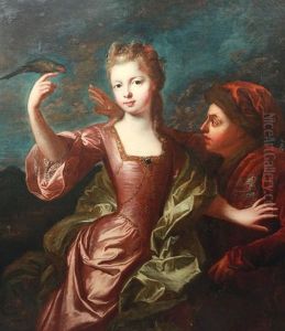 Jeune Fille Au Perroquet Avec Son Jeune Serviteur A La Cage by Pierre Gobert