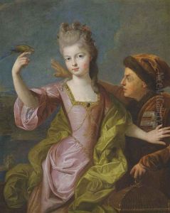 Portrait Of A Young Girl In A Pink Satin Dress Protecting Her Biseleur From A Birdkeeper