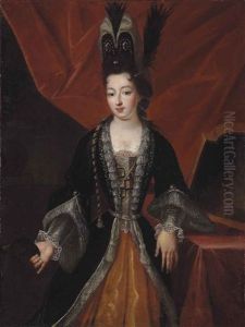 Portrait Of A Lady In Costume, Holding A Mask In Her Right Hand, Before A Red Curtain, In An Interior
