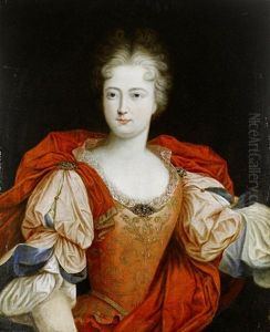 Portrait Of A Lady, Said To Be Louise-francoise De Bourbon, Mademoiselle De Nantes In Pink Embroidered Costume And A Red Embroidered Mantle by Pierre Gobert