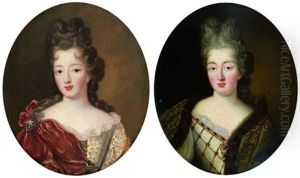 Portrait De Jeune Femme A La Robe Brodee (+ Portrait De Jeune Femme Au Manteau Borde De Fourrure; Pair) by Pierre Gobert