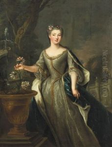 Portrait Of A Lady In A Formal Garden Exterior, Wearing An Elaborate Dress And Picking A Flower From A Bronze Urn