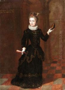 Portrait Of A Lady, Full Length, Wearing A Black Dress And Holding A Fan (the Marchioness D'espinouse?) by Pierre Gobert