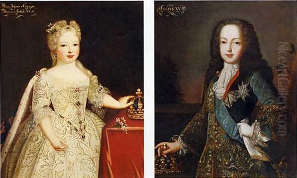 Portrait Of Marie-anne-victoire, Infanta D'espagna, In A White Dress Set With Pearls, By A Table, Her Left Hand On Her Crown (+ Portrait Of King Louis Xv In An Embroidered Blue Velvet Waistcoat, With - view 1