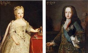 Portrait Of Marie-anne-victoire, Infanta D'espagna, In A White Dress Set With Pearls, By A Table, Her Left Hand On Her Crown (+ Portrait Of King Louis Xv In An  Embroidered Blue Velvet Waistcoat, With