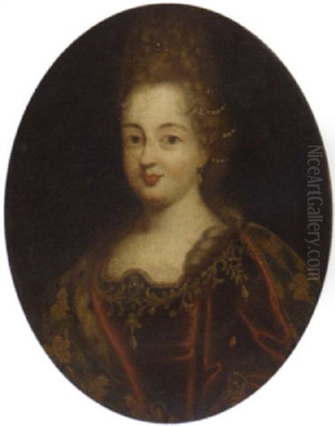 Portrait Of A Young Lady In A Red Dress With Gold Trim - view 1