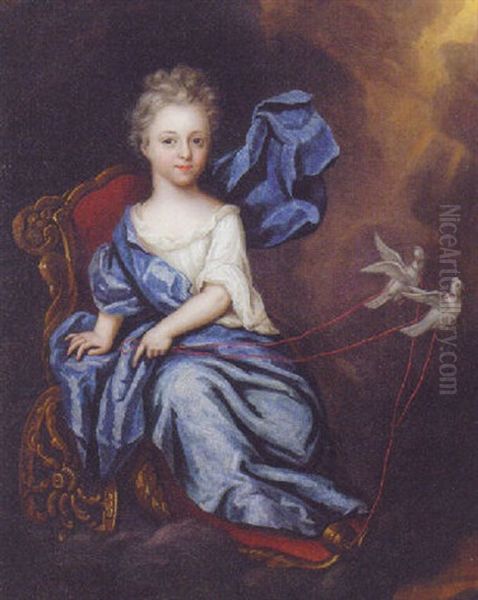 Portrait Of A Girl As Venus Wearing A Blue Dress, Seated On A Chariot Drawn By Doves - view 1