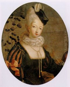 Portrait Of A Lady In A Black Hat With A Feather, Wearing A White Ruff And A Black Dress With A Pink Ribbon And Slashed Sleeves