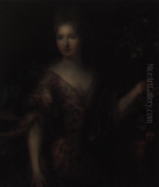 Portrait Of A Lady In An Embroidered Pink Satin Dress With A Blue Wrap - view 1