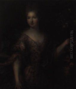 Portrait Of A Lady In An Embroidered Pink Satin Dress With A Blue Wrap