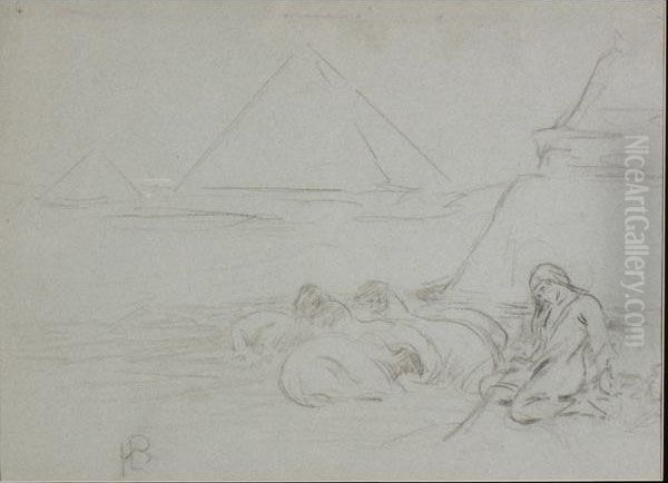 Woman Figure Tending Sheep With Orientalist View Of Giza Pyramids - view 1