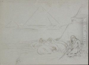 Woman Figure Tending Sheep With Orientalist View Of Giza Pyramids by Henry Bacon