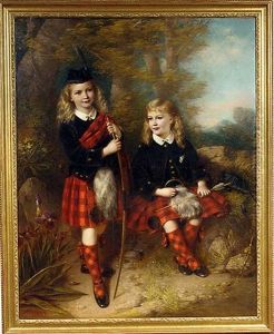Portrait Of Two Children In Macgregor Tartan Holding A Bow And Arrow, In A Landscape by Samuel Barry Godbold