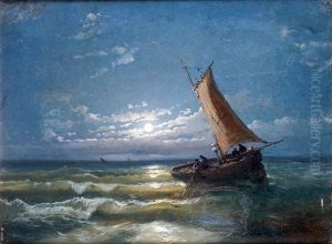 Barque De Pecheurs Au Clair De Lune by Alfred Godchaux