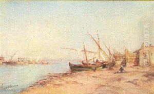 A Bustling Fishing Village With Boats, Bay And Port Beyond