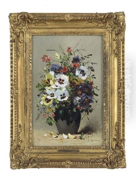 Still Life Of Pansies In A Pottery Vase - view 1