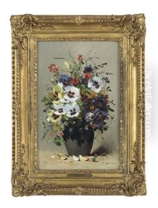 Still Life Of Pansies In A Pottery Vase
