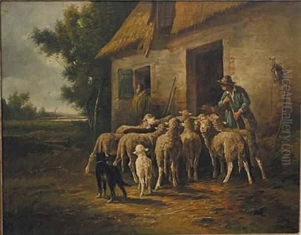 Berger Et Ses Brebis Devant La Bergerie - view 1
