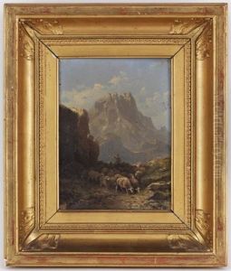 Berger Et Ses Moutons Dans Une Paysage De Montagne Et Personnages Et Voilier Sur La Plage (pair)