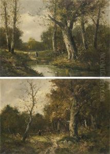 Etang Au Milieu D'un Paysage Forestier (+ Promeneuses Sur Un Chemin Forestier; Pair) by Emile Godchaux