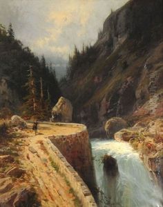 Schlucht Mit Wasserfall Und Wanderer