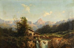 Alplandschaft Mit Hutte Und Hirtin, Im Vordergrund Ein Wasserfall
