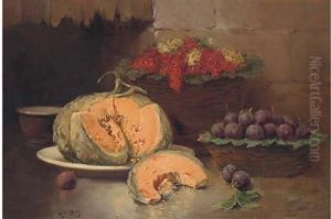 A Melon On A Plate, With Plums And Currants In A Basket To The Side A Melon On A Plate, With Plums And Currants In A Basket To The Side