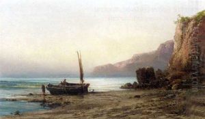 A Fishing Boat And Figures On A Beach At Sunset by Emile Godchaux
