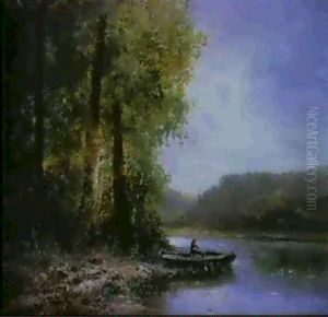 Le Pecheur En Barque Sur La Riviere by Emile Godchaux