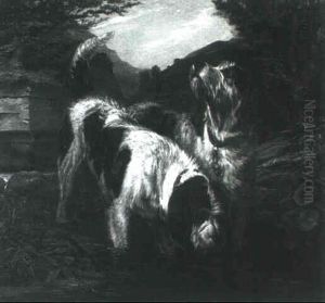 Otter Hounds Driking From A Stream by George Bouverie Goddard