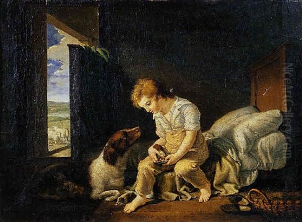 Un Jeune Garcon Nourrissant Des Petits Chiots - view 1