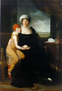 Portrait Of Madame Campan In A Black Dress, With A Pupil In Oriental Costume, By A Table With A Bust, A Landscape Beyond by Marie Elenore Godefroy