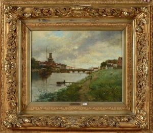 Bord De Fleuve Anime En Hollande by Ernest Jean Joseph Godfrinon