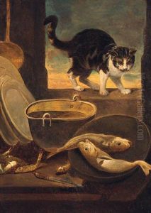 A Cat On A Window Sill, With Fish And Pots And Pans On Atable by Nathaniel Bacon