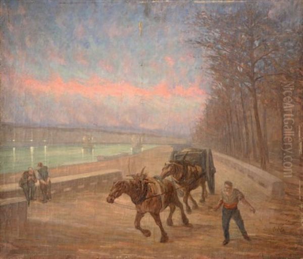 Chevaux De Halage Sur Les Quais Au Crepuscule - view 1
