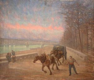 Chevaux De Halage Sur Les Quais Au Crepuscule by Adrien Godien