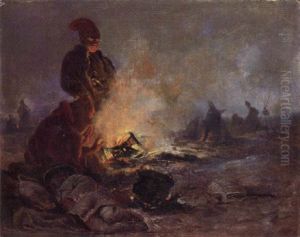 Soldaten Bei Einem Nachtlichen Lagerfeuer, Sich Warmend
