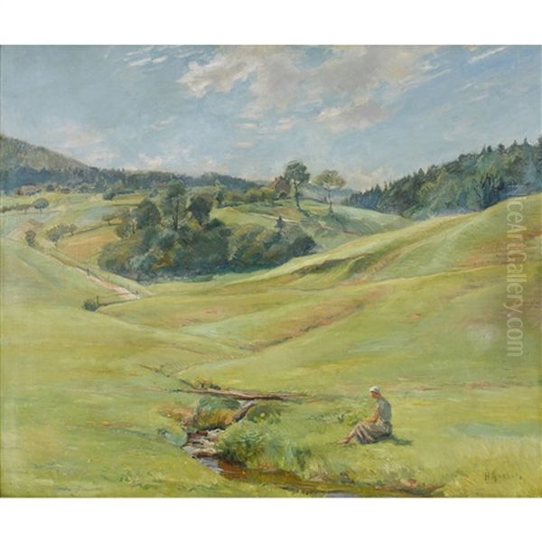Weite Bachlandschaft Mit Ruhender Bauerin - view 1
