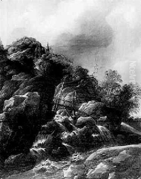 A Rocky Landscape With A Traveller Crossing A Bridge Over A Waterfall - view 1