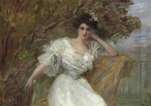 Natalie Goeneutte, The Artist's Sister, Seated In A White Dress On A Terrace